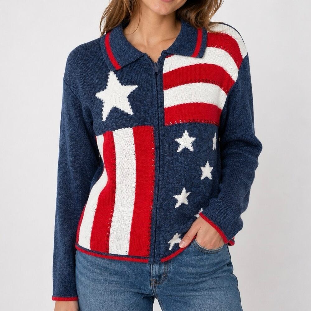 Vintage Y2K American Flag Zip‎ Cardigan Sweater Patriotic USA Large Americana